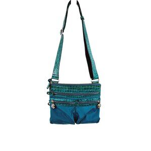 Brighton Crossbody Bag Teal Floral Interior Adjustable Strap Nylon Heart Charm